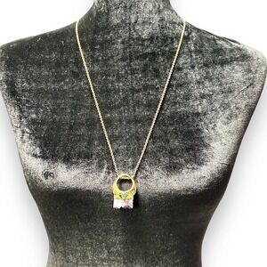 Raw Amethyst Pendant Purple Crystal Ring Pendant Long Gold Tone Chain Necklace